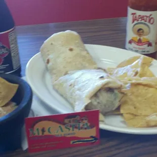 Carne Asada burrito con crema, bottle of Sangria Senorial and complimentary chips, salsa and frijoles LESS THAN $7!!!