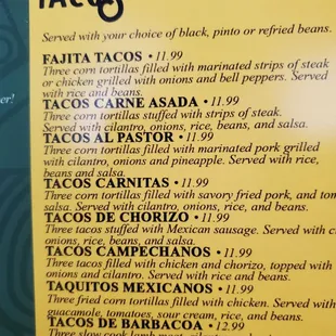 Taco Menu