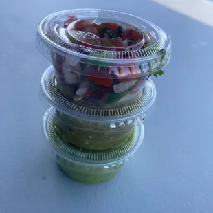 Salsas can be brought to go From bottom: avocado salsa, salsa verde, pico de gallo