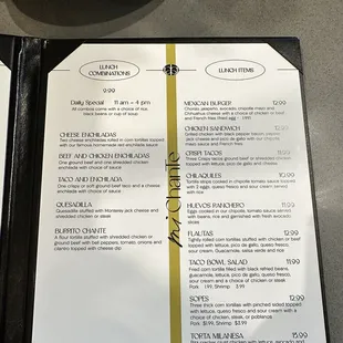 Menu for lunch