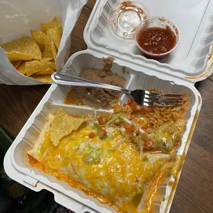 a meal in a styrofoam container