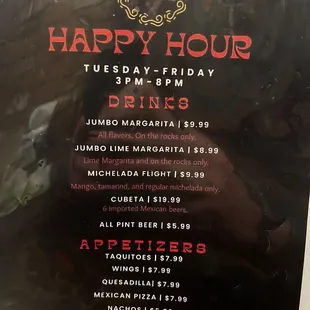 Happy Hour Menu as of 02/20/24