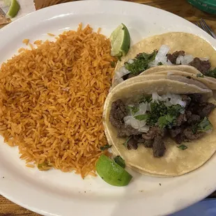 Tacos de asada with no beans/double rice instead