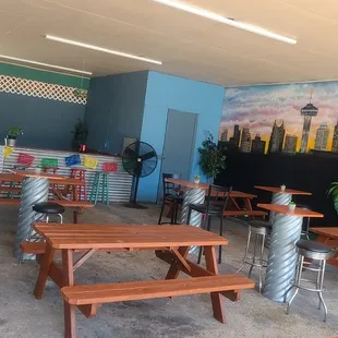 tables and chairs in a restaurant