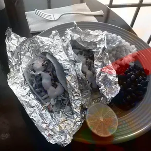 Fish tacos with black beans and white rice