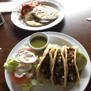 Papusas and steak tacos with verde sauce