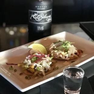 Guero Wednesdays! Two Vegan Tostadas and a shot of Mezcal for 14 bucks! Salud!
