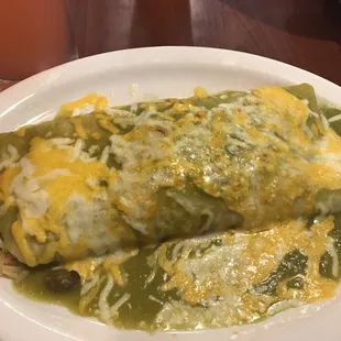 Perez Burrito ($7.50) - Chicken, rice, beans, lettuce, tomato, cheese, sour cream &amp;  jalapeños. Smothered in green sauce &amp; cheese