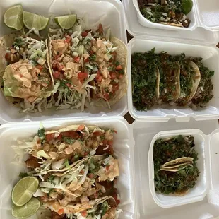 Assorted tacos: asada, carnitas, lengua and fish