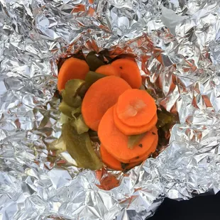 Pickled carrots and jalapeños