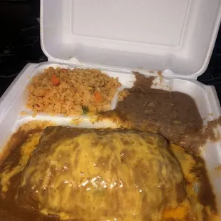 a meal in a styrofoam container