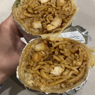 The Hibachi Burrito comes with chicken, steak, shrimp, veggies, fried rice and noodle!