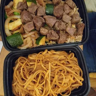 Steak plate substitute white rice to fried rice. And yummy noodles (had a spicy kick to it)