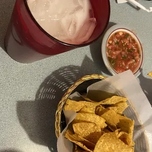 horchata with homemade salsa and chips.