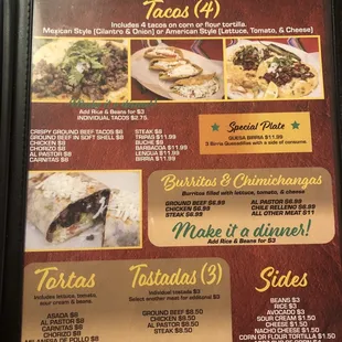 Tacos, burritos, tortas menu