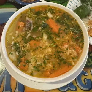 Caldo de Res. Very good and filling! Comes with tortillas, onion, cilantro, lime, and rice.