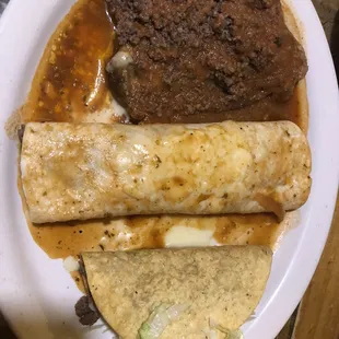 Combo plate: chile relleno, beef burrito, taco