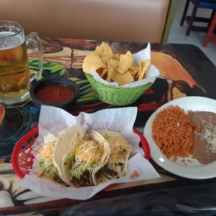 Tacos Grande w/ Steak - great spread for only $15 - including the beer!