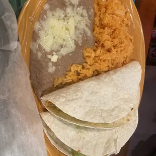 Beef tacos with rice and beans