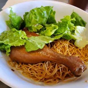 #21 Mi Kho Dau Hao Vit Tiem ($11.50). Side broth also present elsewhere on table.