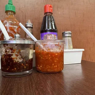 Condiments: hoisin, chili, oil, garlic sauce, fish, oil, salt and pepper, Sriracha