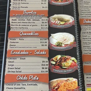 Menu-tacos, burritos, quail, Ensaladas, child plate