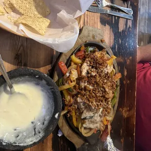 Chorizo chicken fajitas and queso Dip