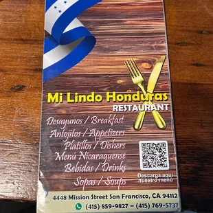 Mi lindo Honduras menú