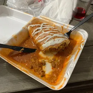 wet burrito with the request for refried beans