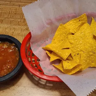 Complimentary chips and salsa. On the spicy side!