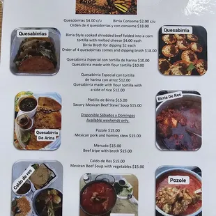 Menú in English with food descriptions.