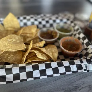 a basket of chips and salsa