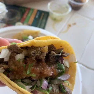 Steak taco with red salsa.