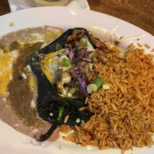 Poblano pepper with rice and beans