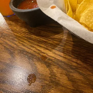 a bowl of chips and a glass of orange juice