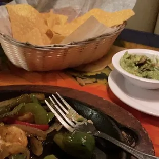 Shrimp Fajitas, Tortilla chips and Guacamole Dip