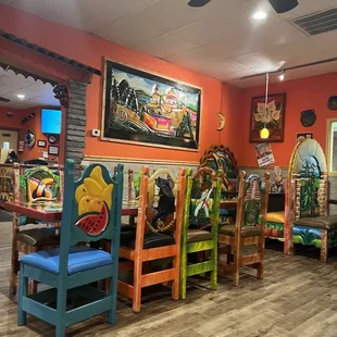 a restaurant with colorful chairs and tables