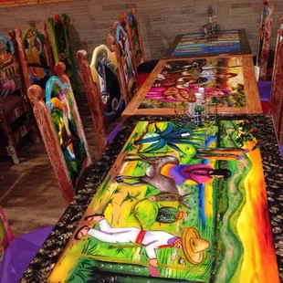 The tables and chairs are colorful and fun!