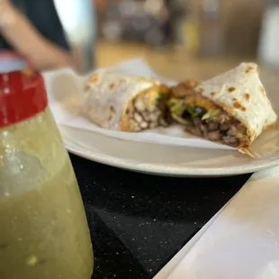 Beef fajita burrito with the salsa verde
