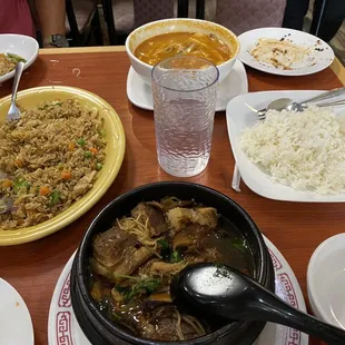 Pork belly soup, fried rice, and Burmese Tom Yum. Outstanding!!