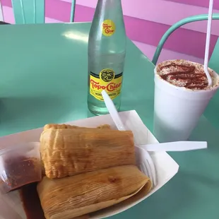 Homemade tamales &amp; Mexican Style cut corn! Mmmm!!!! Also, Tipo Chico Aqua Minerale.