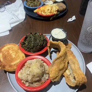 Catfish, Mashed Potatoes, greens, cornbread