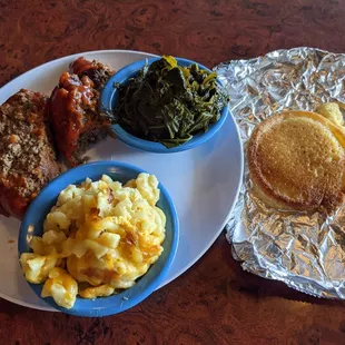 Wednesday is meatloaf day. With greens and Mac n Cheese, with fresh cornbread