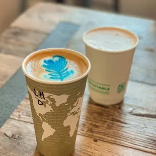 16oz Lavender Honey Latte made with oatmilk, and a 12oz oatmilk chai.