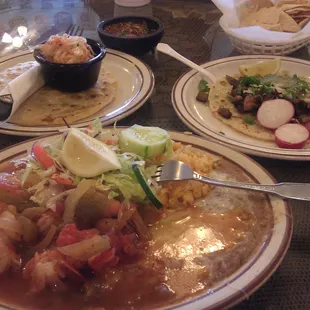 Camarones rancheros, lengua taco and pupusas. Eating good.