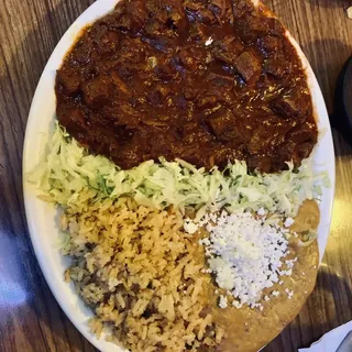 Carne Con Chile Colorado, Rice, Beans & Tortilla