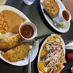 Birria tacos &amp; B. Birria Quesadilla &amp; A. Meat Nachos Supreme