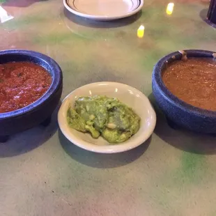 Smooth, creamy salsa, warm bean dip and fresh, chunky guacamole.