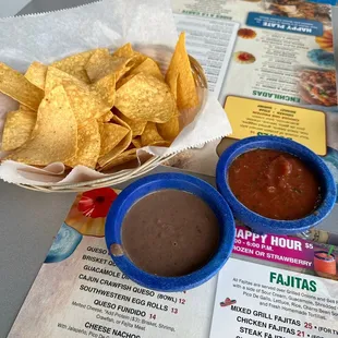 Chips, salsa, bean dip