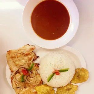 a plate of food and a bowl of soup